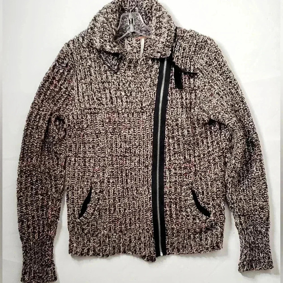 Free People Moto Side Asymetrical Zip Cardigan tweed Jacket Size M - Picture 2 of 11